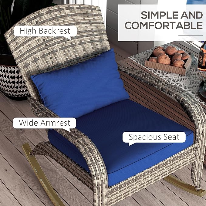 Outsunny Outdoor Wicker Adirondack Rocking Chair, Patio Rattan Rocker Chair with High Back, Seat Cushion, and Pillow for Garden, Porch, Balcony, Dark Blue