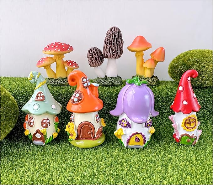 Mini Mushroom House Set - 4pcs Miniature Houses and 3pcs Mini Mushrooms for Fairy Gardens, Micro Landscapes, Moss Decorations (Mushroom House)