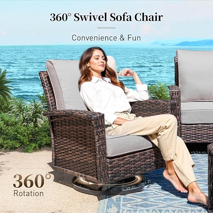 Patio Furniture Set with Swivel Chairs, High Back Wicker Rattan Set with 5.5" Thick Cushions, Fire Pit Table and Ottomans, All Weather Outdoor Conversation Set for Backyard Deck,7 Seats, Light Grey