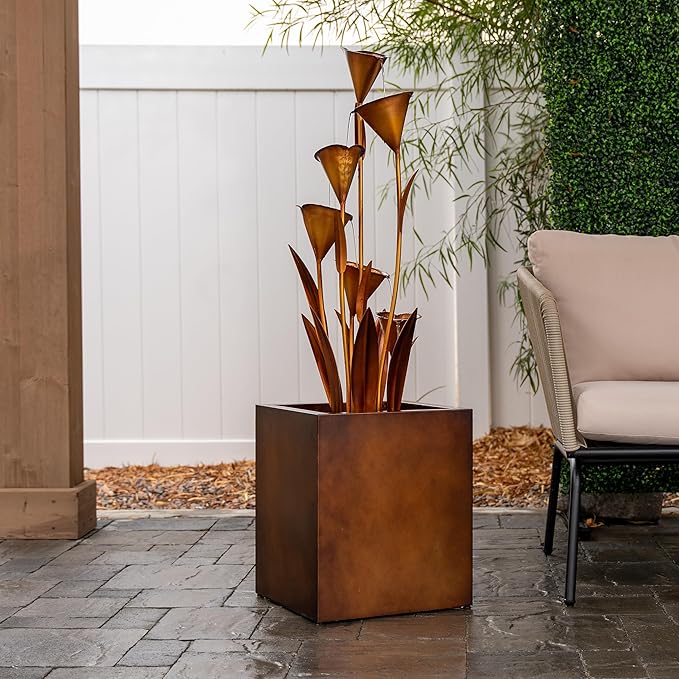 XBrand Metal Sculptural Multi-Tiered Flower Water Fountain, No LED Lights, Bronze, 46" Tall