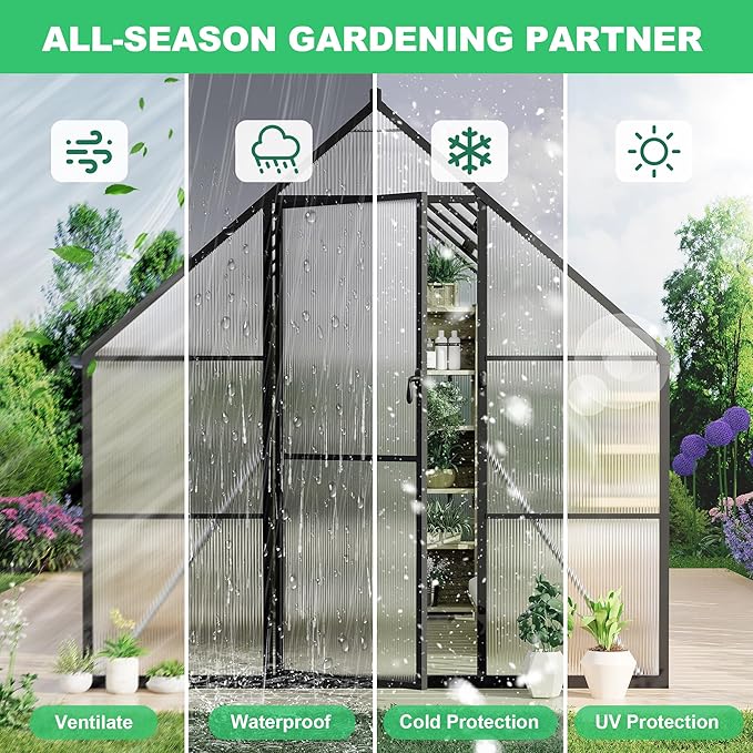 8'x12' Aluminum-Framed Polycarbonate Greenhouse, Heavy Duty Polycarbonate Greenhouse with Quick Setup Structure and Roof Vent, Large Enhanced Aluminum GreenhouseKit for Outdoors