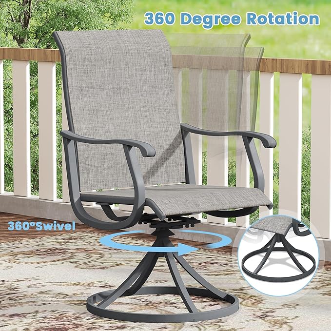 DIFY 3 Pieces Outdoor Patio Bistro Dining Set, 2 Grey Textilene Swivel Dining Chairs and 27.6" Grey Wood-Like Small Round Dining Table, Outdoor Table and Chairs