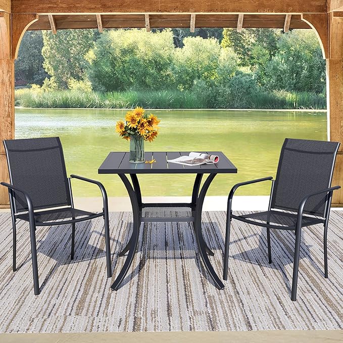 3 Pieces Round Dining Table Set for 2, Patio Dining Set Includes 2 Black Stackable Patio Chairs and 27.6" Black Metal Square Table, Patio Furniture Sets with Sling Support for Outside, Garden