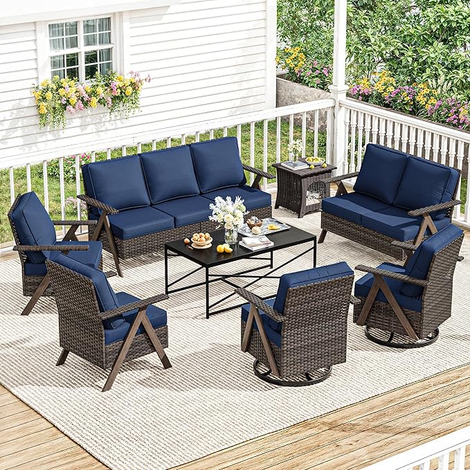 8 Pieces Patio Furniture Set,Outdoor Loveseat Sofa & High Back Swivel Rocker Patio Chairs, Wicker Conversation Set with Coffee Table and Side Table for Deck Yard and Poolside