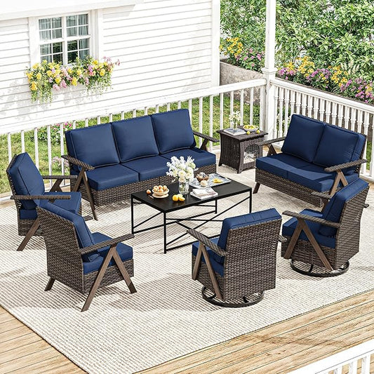 8 Pieces Patio Furniture Set,Outdoor Loveseat Sofa & High Back Swivel Rocker Patio Chairs, Wicker Conversation Set with Coffee Table and Side Table for Deck Yard and Poolside
