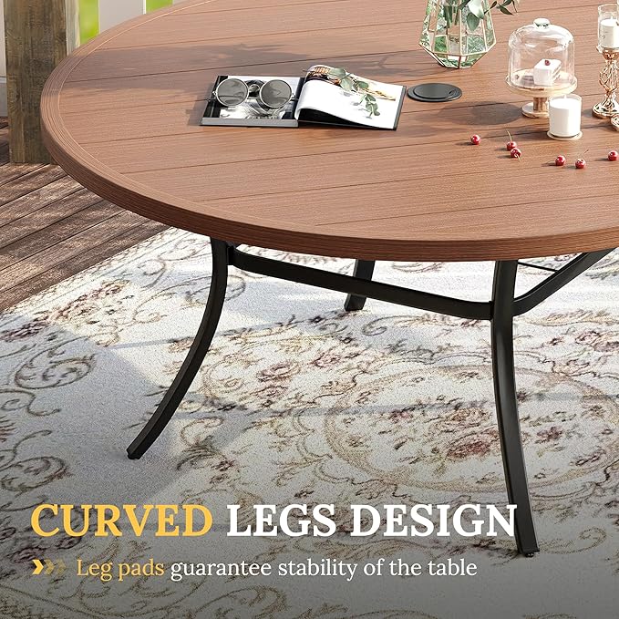VICLLAX Patio Dining Set for 6, 7 Pieces Outdoor Furniture Includes 53" Round Patio Table with Umbrella Hole and 6 Outdoor Swivel Chairs for Lawn Garden, Walnut Tabletop and Mixed Brown Fabric