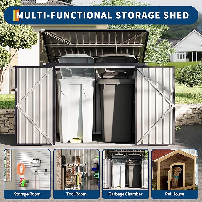 Outdoor Trash Can Storage 2 Binsgarbage Bin Storage Shed, 3x6 FT Garbage Bin Storage Shed with Chain Lid, Metal Outdoor Storage for Garden, Backyard, Lawn and Patio