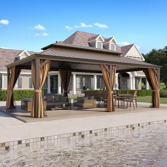 14' X 22' Hardtop Gazebo, Outdoor Galvanized Steel Double Roof Permanent Aluminum Frame Pavilion Pergola Canopy with Privacy Curtains for Garden, Patio, Backyard, Deck and Lawns.