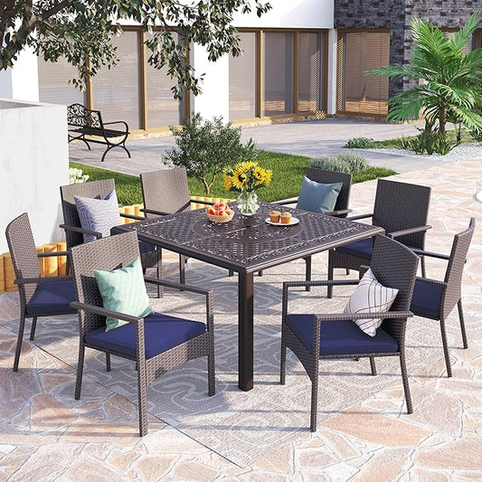 PHI VILLA 9 Pieces Outdoor Cast Aluminum Dining Set for 8, Square Metal Dining Table with Umbrella Hole & Cushioned Wicker Rattan Chairs, Dining Furniture Set for Patio, Deck, Yard and Porch