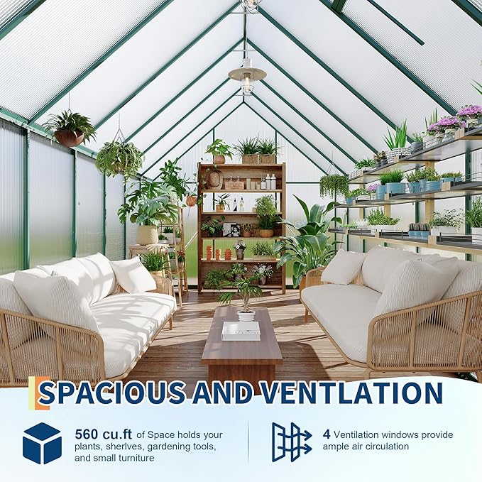 8X14 ft Polycarbonate Greenhouse with Aluminum Frame, Polycarbonate Greenhouse for Outdoors, Greenhouses with Ventilation and Rain Gutter, Aluminum Large Walk-in Greenhouses for Outside