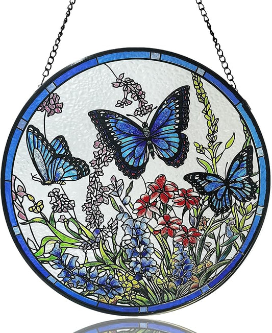 Lager Butterfly Suncatchers for Windows, Butterfly Stained Glass Window Hanging，7.9 inch