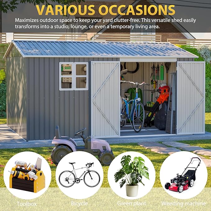12x10 FT Shed Outdoor Storage Metal Large Garden Tool Sheds with Window Lockable Doors Sloping Roof Floor Frame Waterproof Steel Utility Equipment Shed for Backyard Patio Lawn Poolside, Grey