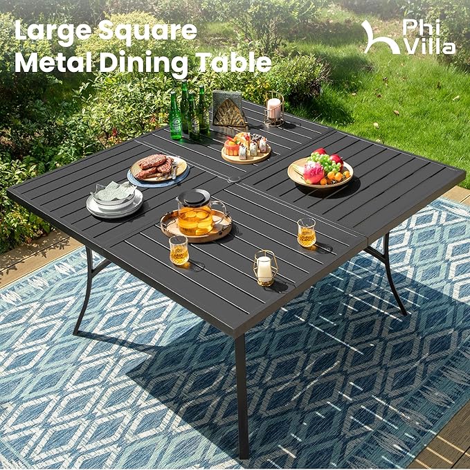PHI VILLA 9 Pcs Outdoor Patio Dining Set, 8 Outdoor Padded Swivel Dining Chairs and Large Square Metal Dining Table, Outside Table and Chair Furniture Dining Set for 8 Person (Blue)
