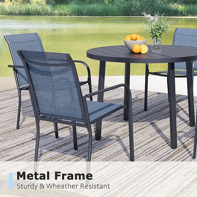 5 Pieces Round Dining Table Set for 4, Patio Dining Set Includes 4 Blue Stackable Patio Chairs and 1 Black Round Table, Patio Furniture Setss with Sling Support for Outside, Garden