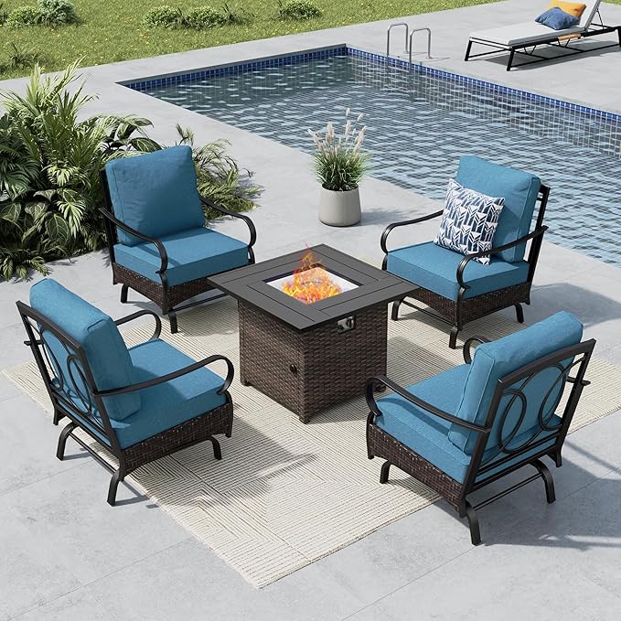 MFSTUDIO 5 Pieces Outdoor Patio Furniture Set, Metal Outdoor Conversation Sofa, Rattan Wicker Patio Sectional Sofa Set with 4 x Rocking Single Sofa, 1 x Fire Pit Table, Navy Blue