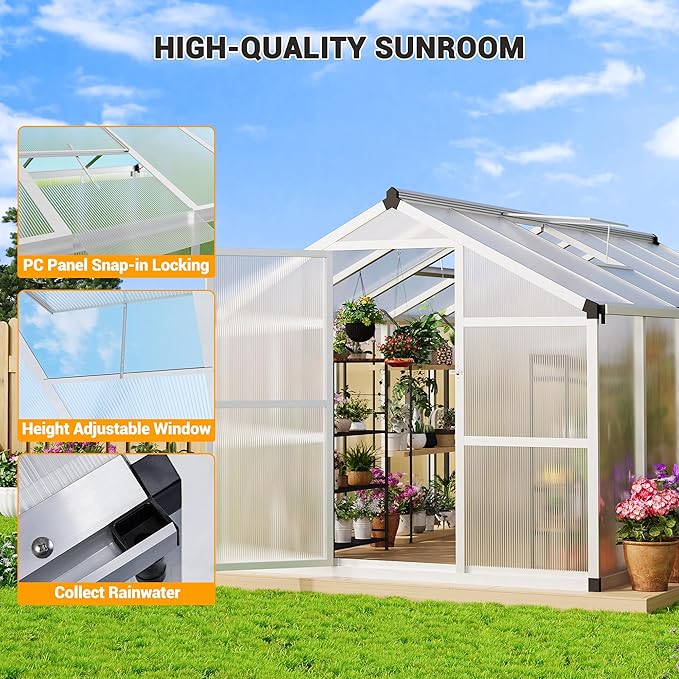 8 x 12 FT Greenhouse, Heavy-Duty Polycarbonate Large Walk-in Greenhouse Roof Vent ,Aluminum Frame & Lockable Door, for Backyard, Green Houses for Outside Garden Backyard