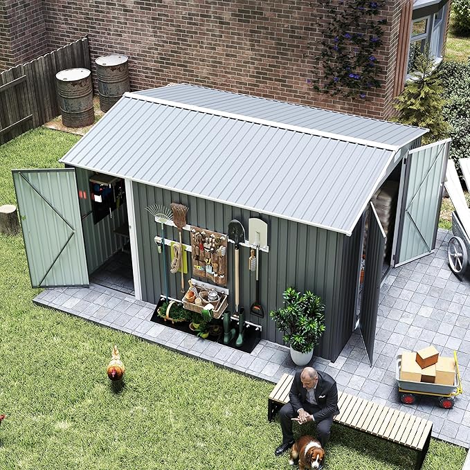 9x11 FT Outdoor Metal Storage Shed with Lockable Door, Steel Garden Utility Shed with Vents, Backyard Patio Tool Shed for Lawn Equipment, Bike, Firewood and Mower Storage, Gray
