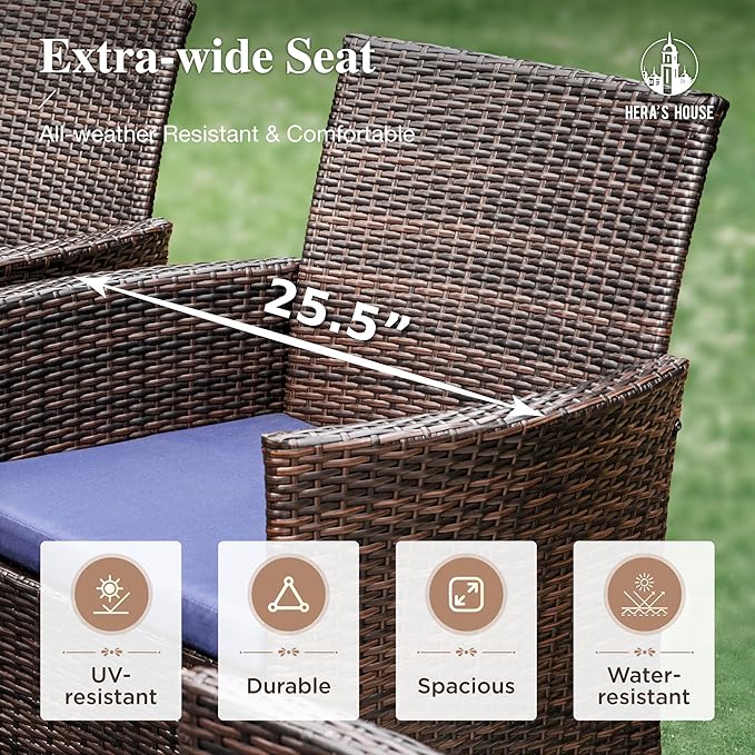 HERA'S HOUSE 7-Piece Patio Dining Set, 6 x Outdoor Rattan Armchair with Removable Cushions, 1 x 64 Inches Rectangular Patio Table with 1.57"-1.9" Umbrella Hole for Patio, Lawn, Garden, Porch