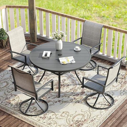 VICLLAX 5 Pieces Patio Dining Set - 41.2" Round Outdoor Table and Swivel Padded Chairs, Grey Tabletop and Grey Fabric