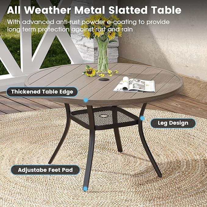 DIFY 5 Pieces Outdoor Patio Dining Set, 4 Sandshell Textilene Swivel Dining Chairs and 40.6" Grey Wood-Like Round Dining Table, Metal Outdoor Table and Chairs