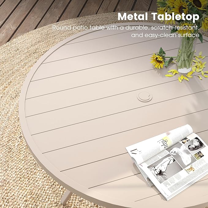 DIFY 7 Pieces Outdoor Patio Dining Set, 6 Sandshell Textilene Swivel Dining Chairs and 47.2" Sandshell Round Dining Table, Metal Outdoor Table and Chairs