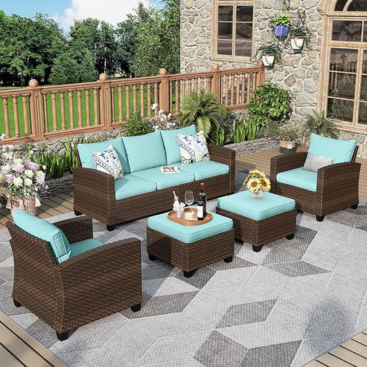 Patio Furniture Set, 5 Pcs Wicker Rattan Outdoor Conversation Set, 2 x Leg Chairs, 1 x 3 Seater Sofa and 2 x Ottoman with 4" Thick Cushion for Garden Backyard Deck, Blue