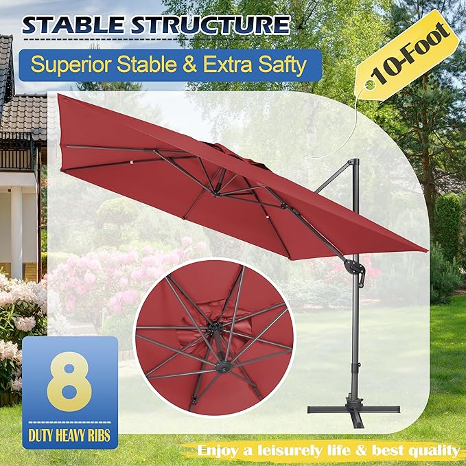 Sunnyglade 10x10Ft Cantilever Patio Umbrella Square 360° Rotation & Integrated Tilting System Offset Umbrella with 8 Sturdy Ribs, Fade-resistant & Waterproof for Garden Backyard Poolside Deck