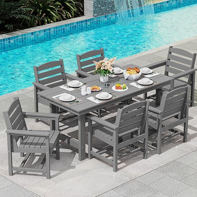 SERWALL Outdoor Dining Set for 6, HDPE Outdoor Furniture with Umbrella Hole & 1 Cushioned Bench & 4 Outdoor Dining Chairs, Grey