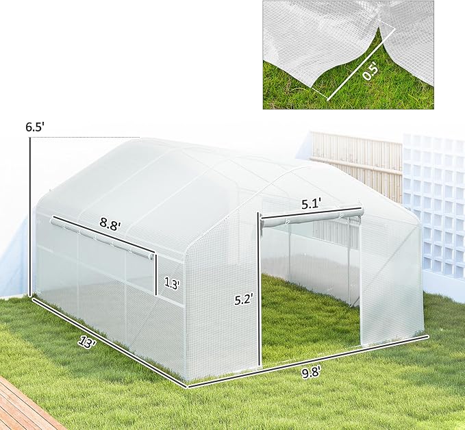 Outsunny 13' x 10' x 6.5' Hoop House Greenhouse with Large Windows and Zippered Door, Large Walk-in Tunnel Green House with Upgraded Galvanized Steel Frame, PE Cover, Gardening Plant Hot House, White