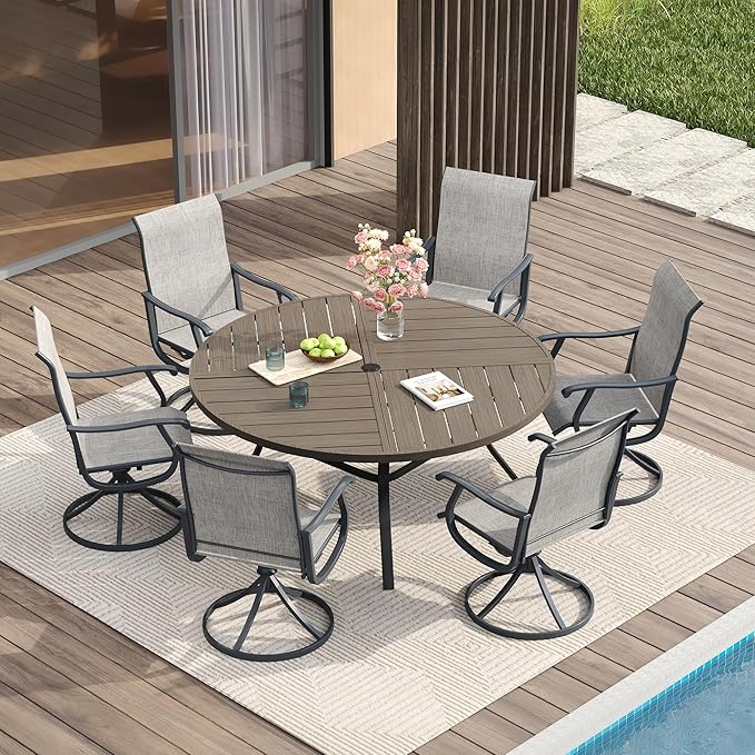 VICLLAX 7 Pieces Patio Dining Set for 6, Outdoor Furniture Set Includes 47.2" Outdoor Round Table and 6 Patio Swivel Chairs for Lawn Garden, Grey Wood Grain Tabletop and Grey Fabric