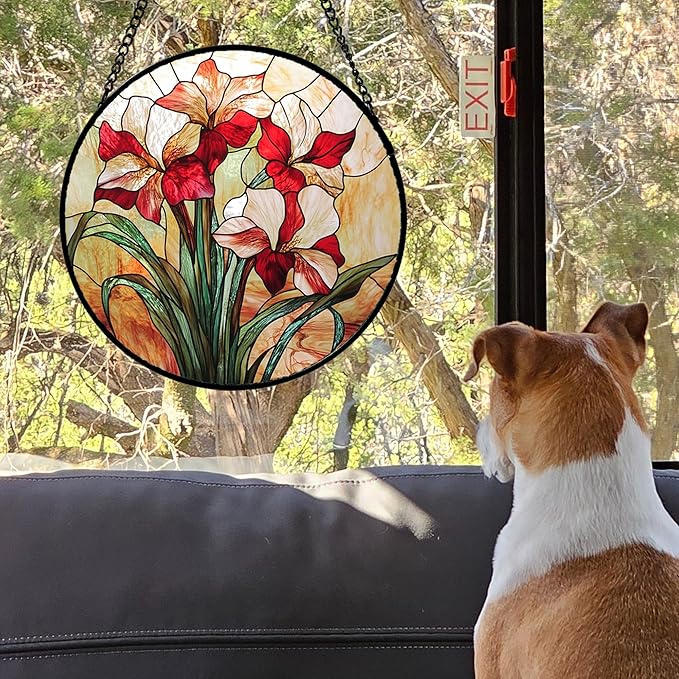 Stained Glass Window Hanging - Red Gladiolus Flower Suncatcher for Door Yard Sun Catchers Decor Christmas Mother's Day Birthday Gifts for Lovers Women Mom Nana Girlfriend Wife 15 in