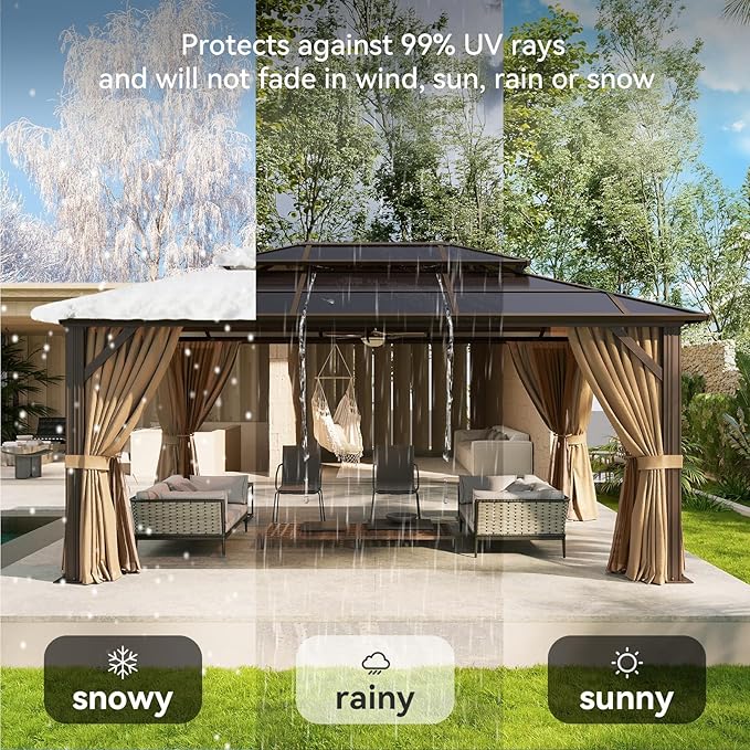 Aoxun 12'x16' Hardtop Gazebo, Aluminum Frame Permanent Pavilion with Curtains and Netting, Outdoor Polycarbonate Double Roof Canopy, and LED Outdoor Waterproof Hanging Lights