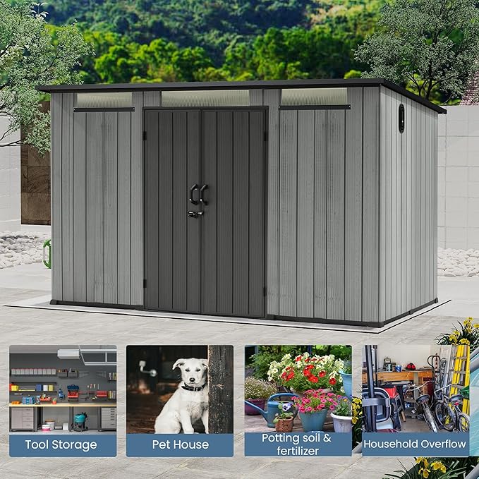 Domi 6.2x11FT Outdoor Resin Storage Shed, All-Weather Double-Wall Storage Building with Sloping Roof for Backyard, Garden, Lawn Tools, Mower, Bike & Pool Equipment, Lockable Doors, Ventilated Roof