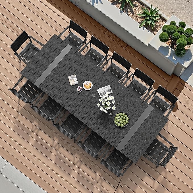 Pellebant 13 Piece Patio Table and Chairs Set for 12, Aluminum Outdoor Dining Set with Umbrella Hole, Stackable Dining Chairs & 114" Dining Table, Black