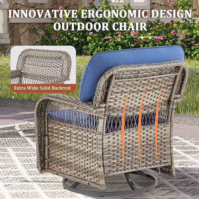 5 Pieces Patio Furniture Set Outdoor Sectional Sofa Couch with Rocking Swivel Chairs 5" Deep Seat Chairs, Modern Wicker Rattan Conversation Set, Blue/Gray Wicker