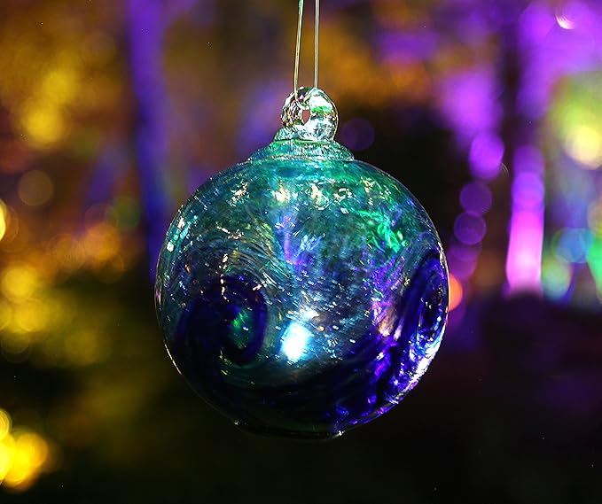 4.6-Inch Solar Hanging Glass Gazing Ball Outdoor Garden Décor Aqua-Blue Swirl