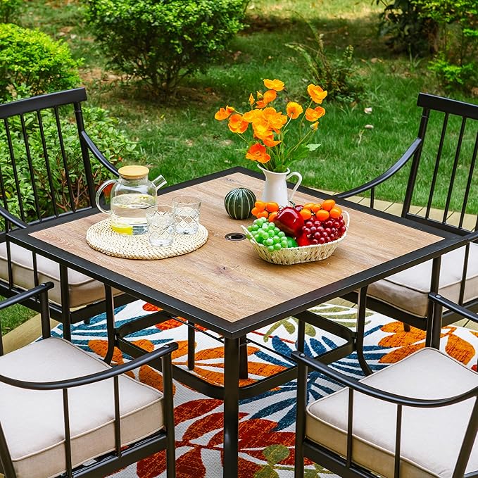 Sophia & William 5 Pieces Patio Dining Set with 4 Chairs and Square Table of Imitation Wood Top, Outdoor Conversation Furniture Set with Seat Cushion and 1.57" Umbrella Hole for Porch Backyard Balcony