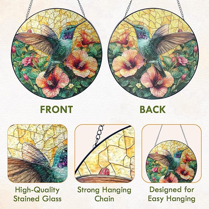 FLAGWIX Christmas Hummingbird Gifts for Women Men - Stained Glass Window Hanging 10 in - Sun Catchers Indoor Window for Home Decor, Hibiscus Hummingbird Suncatcher, Christmas Decorations