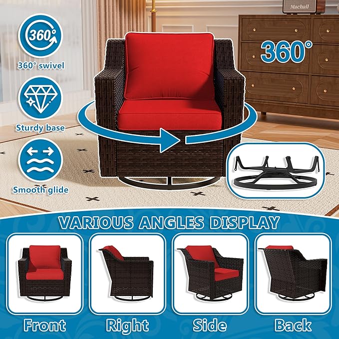 Vista Vibe 6 Pieces Outdoor Rattan Patio Conversation Furniture Set - 360 Degree Swivel Glider Rocker Chairs | Coffee Table | 2 Wicker Chairs, Washable Cushions, Terrace, Sunroom (Brown/Red)