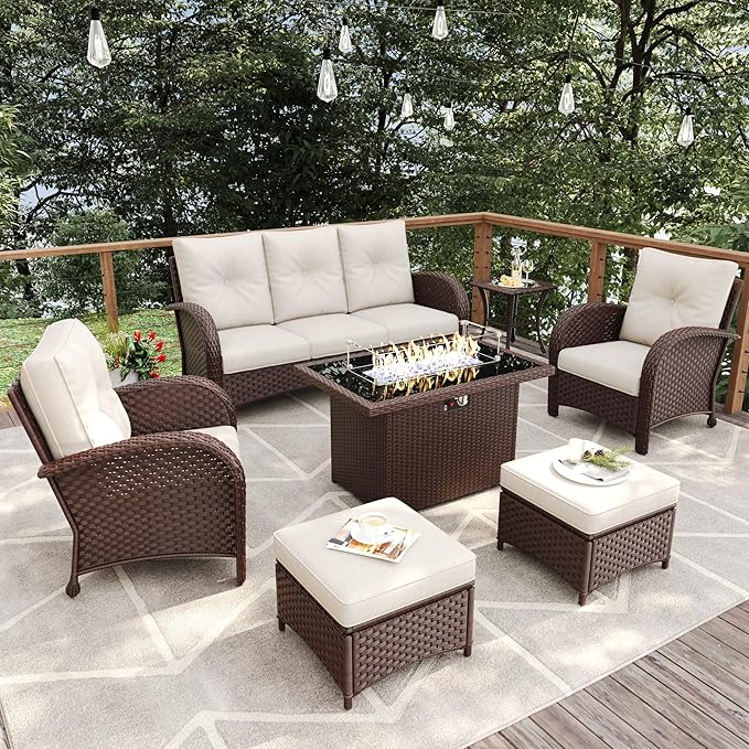 7 Pieces Patio Furniture Sets with Fire Pit Table, Wicker Rattan High Back Outdoor Armchairs Set with 3-Seat Couch, Ottomans and Side Table