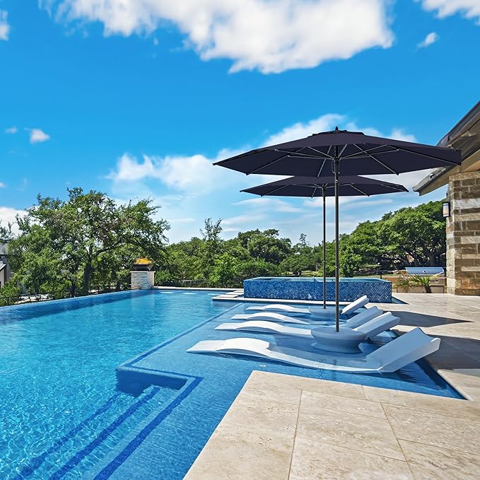 Midtown Umbrellas Push and Pop 9 Feet Outdoor Umbrella, Navy Blue Polyester Fabric - Fiberglass Ribs Deck Patio Umbrella, Backyard Umbrella, Garden Umbrella & Pool Umbrella - Black Pole