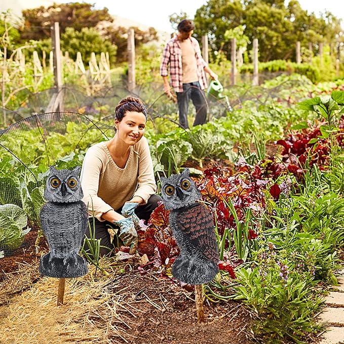 Hausse 2 Pack Bird Scarecrow Fake Owl Decoy Sculpture, Rotating Head Plastic Owl Bird Deterrents, 10.6 Inch Height Nature Enemy Horned Pest Repellent for Outdoor Garden Yard
