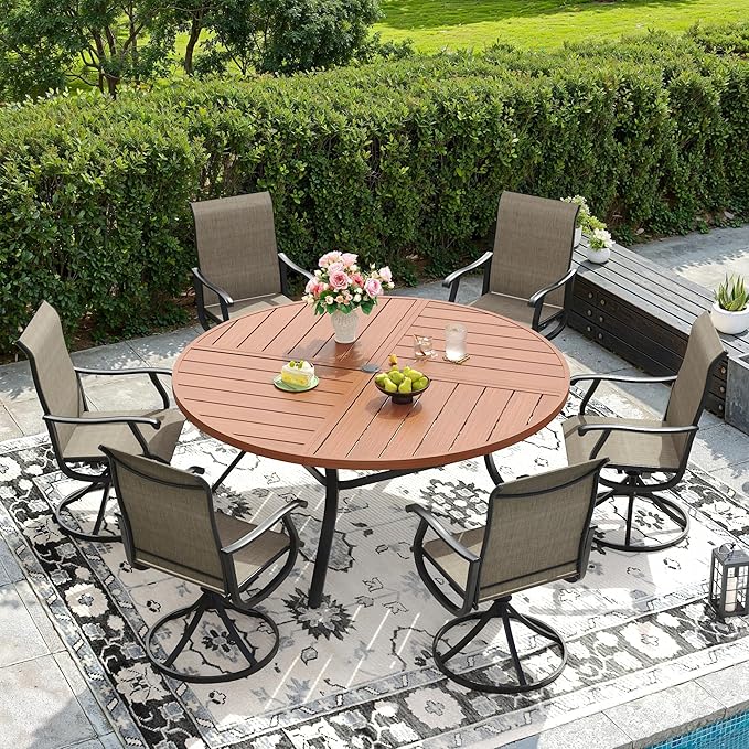 DIFY 7 Pieces Outdoor Patio Dining Set, 6 Brown Textilene Swivel Dining Chairs and 53.1" Walnut Round Metal Dining Table, Outdoor Table and Chairs