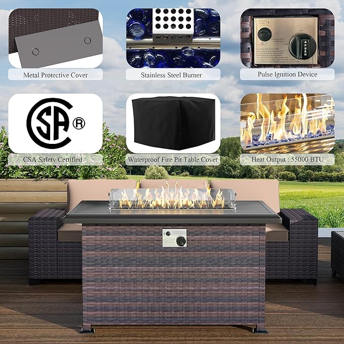 Outdoor Patio Furniture Set with Propane Fire Pit Table, 13 Pieces Outdoor Furniture Patio Sectional Sofas Conversation Sets w/ETL Approved 43" Gas Outdoor Fire Table & Coffee Table (Brown).