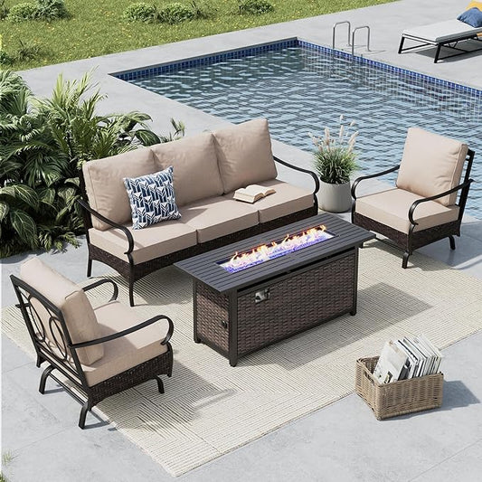 MFSTUDIO 4 Pieces Outdoor Patio Furniture Set, Metal Outdoor Conversation Set, Rattan Wicker Patio Sectional Set with 2 x Rocking Single Sofa, 3-Seat Sofa, 1 x Fire Pit Table, Beige