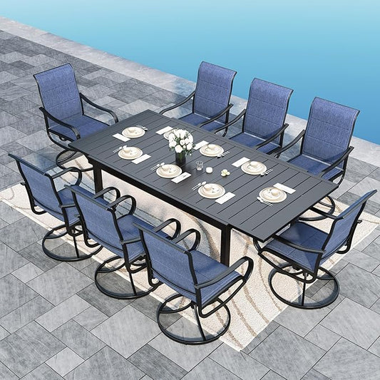 Sophia & William Outdoor Patio Dining Set 9 Pieces, 8 x Textilene Swivel Patio Chairs with Padded and 1 Extendable Dining Table for 6-8, Outdoor Table and Chair Set for Lawn Garden (Blue)