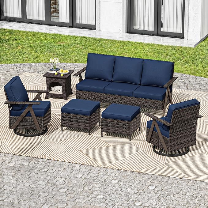 6 Piece Patio Furniture Set, Wicker Patio Conversation Set with Swivel Glider Chair and Outdoor 3-Seater Sofa and 2 Ottomans and Side Table for Deck Yard and Poolside