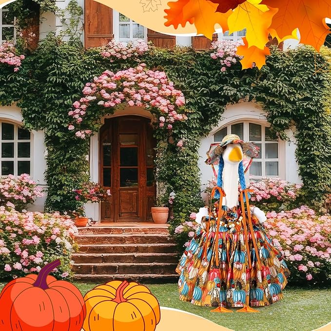 Fall Thanksgiving Goose Outfit Sunflower Porch Goose Costume with Hat Necklace for 23 Autumn Patio Yard Lawn Decor(Multicolor Sunflower)