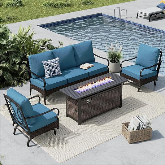 MFSTUDIO 4 Pieces Outdoor Patio Furniture Set, Metal Outdoor Conversation Set, Rattan Wicker Patio Sectional Set with 2 x Rocking Single Sofa, 3-Seat Sofa, 1 x Fire Pit Table, Navy Blue