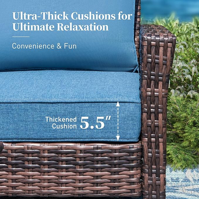 Patio Furniture Set with Swivel Chairs, High Back Wicker Rattan Furniture with 5.5" Thick Cushions, Fire Pit Table and Ottomans, All Weather Outdoor Conversation Set for Backyard Deck,9 Seats, Blue
